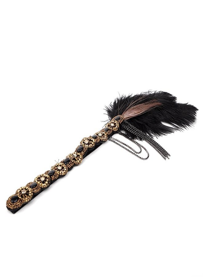Aimimier 1920s Flapper Feather Headband Crystal Tassel Black Headpiece with Beaded Elastic Head Chain Masquerade Hair Accessories for Women - Image 5