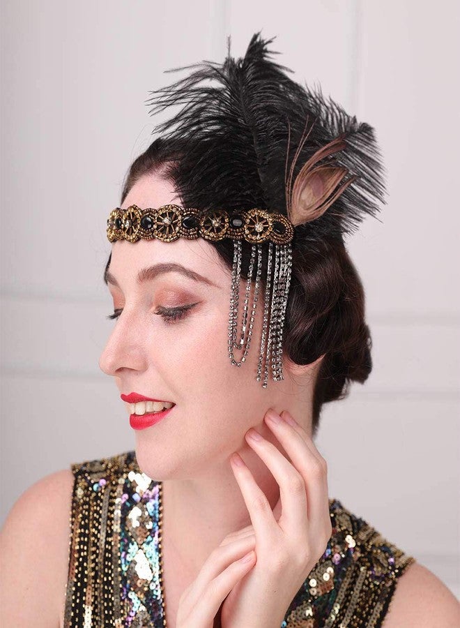 Aimimier 1920s Flapper Feather Headband Crystal Tassel Black Headpiece with Beaded Elastic Head Chain Masquerade Hair Accessories for Women - Image 2
