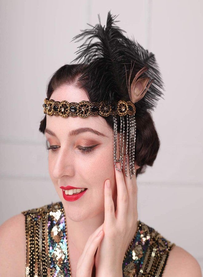 Aimimier 1920s Flapper Feather Headband Crystal Tassel Black Headpiece with Beaded Elastic Head Chain Masquerade Hair Accessories for Women - Image 1
