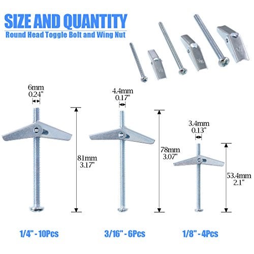 Glarks 24Pcs 18 316 14 Toggle Bolt and Wing Nut Assortment Kit Zinc Plated Steel Round Head Toggle Bolts for Hanging Heavy Items on Drywall - Image 3