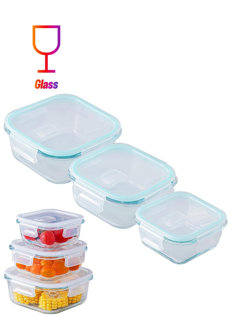 TYCOM Glass Meal Prep Containers (3 pcs Square) - Glass Food Storage Containers with Lids, Glass Lunch Box, Portion Control, Airtight, Glass Bento Box Lunch Containers- 3P Square Blue  - Image 1