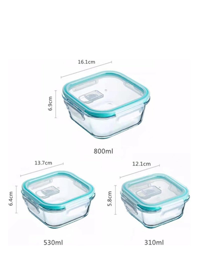 TYCOM Glass Meal Prep Containers (3 pcs Square) - Glass Food Storage Containers with Lids, Glass Lunch Box, Portion Control, Airtight, Glass Bento Box Lunch Containers- 3P Square Blue  - Image 2