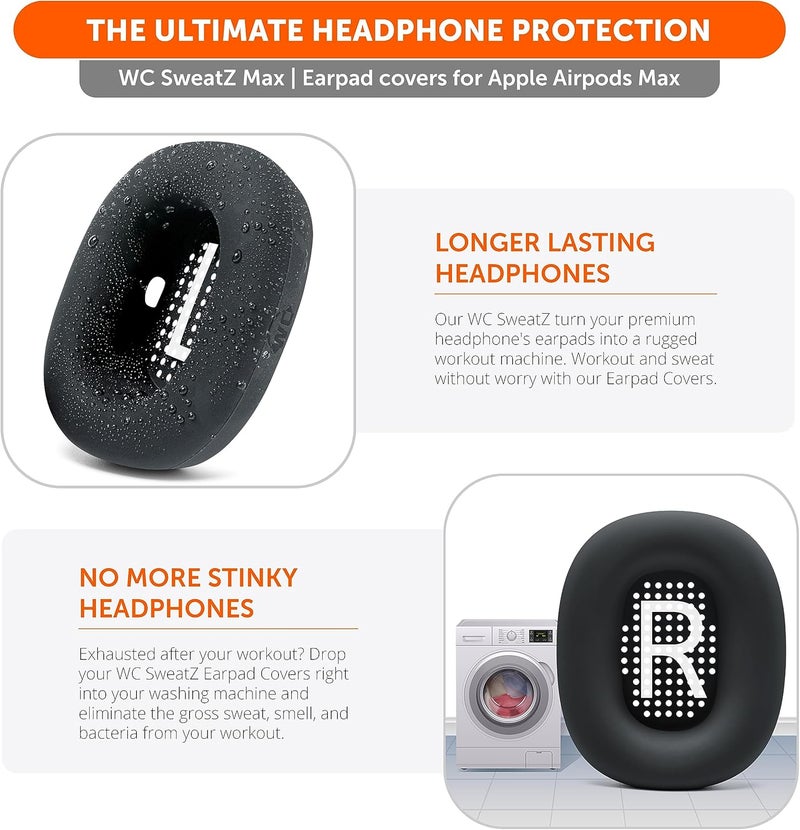 WC SweatZ Max - Protective Earpad Covers for Airpods Max Made by Wicked Cushions | Sweatproof & Easily Washable | Full Earpad Sweat Protection | Black - Image 3