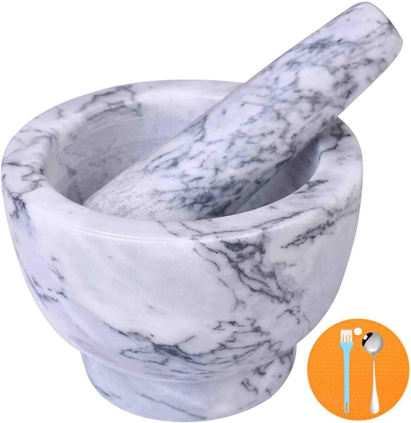 SIPARUI Mortar and Pestle Set, Guacamole Bowl Polished Natural Marble Stone, Grinder and Crusher, with Silicone Mat & Spoon-300ML(Light White Gray) - Image 1
