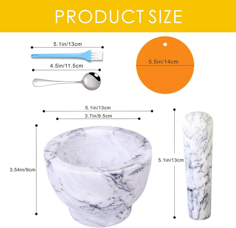SIPARUI Mortar and Pestle Set, Guacamole Bowl Polished Natural Marble Stone, Grinder and Crusher, with Silicone Mat & Spoon-300ML(Light White Gray) - Image 2