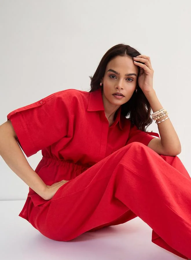 Femmella Red Cotton Linen Straight Fit Pants