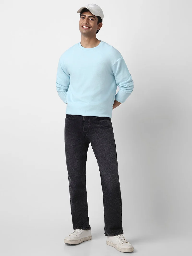 Urbano Fashion  Urbano Fashion Men's Pastel Blue Textured Round Neck Oversized Full Sleeve Cotton T-Shirt  | Best Price UAE
