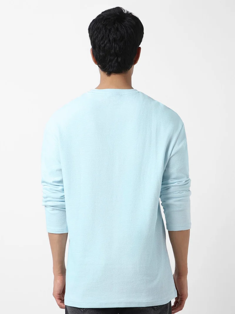 Urbano Fashion  Urbano Fashion Men's Pastel Blue Textured Round Neck Oversized Full Sleeve Cotton T-Shirt  | Best Price UAE