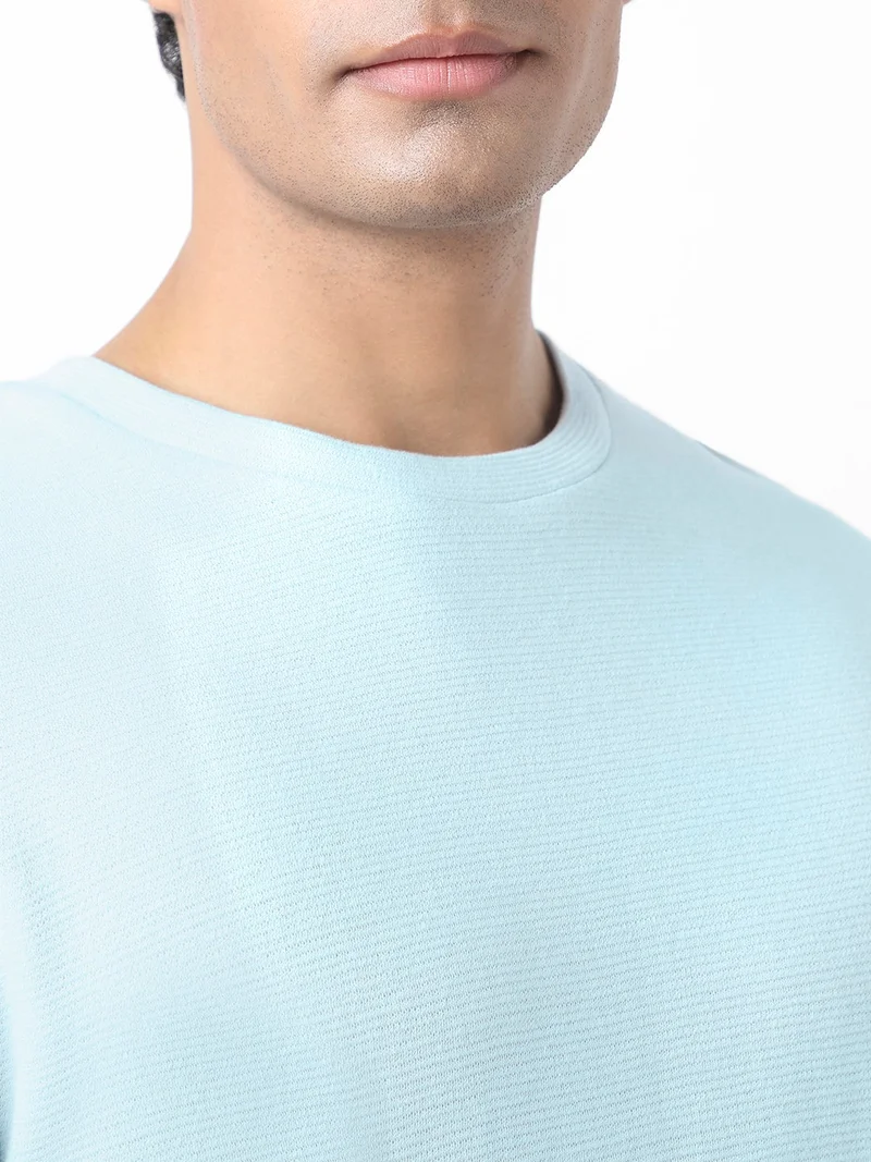 Urbano Fashion  Urbano Fashion Men's Pastel Blue Textured Round Neck Oversized Full Sleeve Cotton T-Shirt  | Best Price UAE