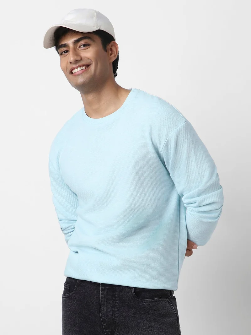 Urbano Fashion  Urbano Fashion Men's Pastel Blue Textured Round Neck Oversized Full Sleeve Cotton T-Shirt  | Best Price UAE