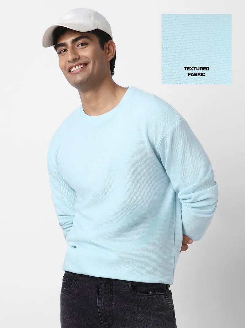 Urbano Fashion Men's Pastel Blue Textured Round Neck Oversized Full Sleeve Cotton T-Shirt