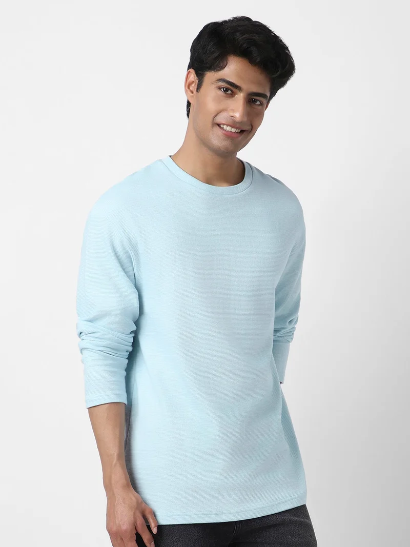Urbano Fashion  Urbano Fashion Men's Pastel Blue Textured Round Neck Oversized Full Sleeve Cotton T-Shirt  | Best Price UAE