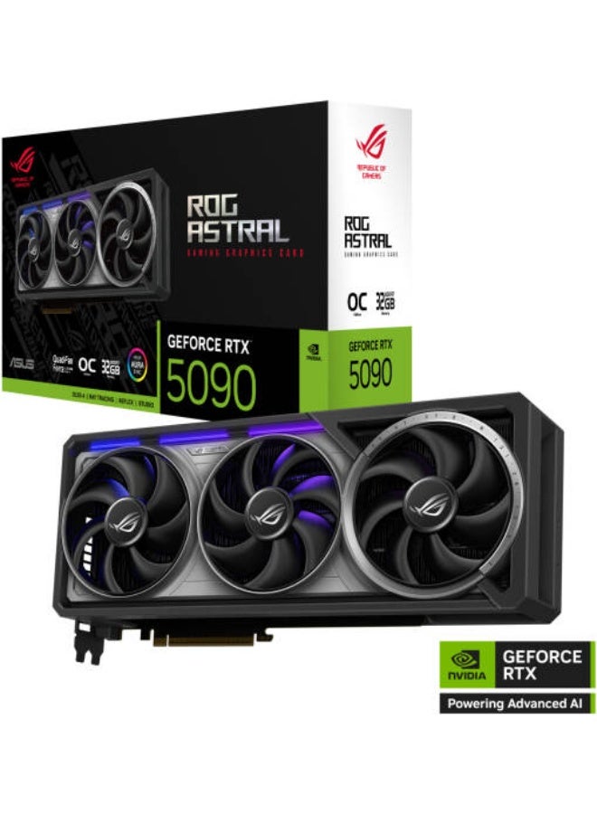 أسوس بطاقة الرسوميات ROG أسترا GeForce RTX™ 5090 OC Edition للألعاب (PCIe® 5.0، 32GB GDDR7، HDMI®/DP 2.1، تصميم 3.8-slot، 4 مراوح، مراوح Axial-tech، غرفة بخار مسجلة ببراءة اختراع، وسادة حرارية GPU بتغيير الطور) - Image 1