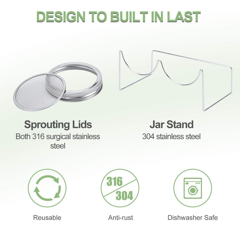 SOLIGT Complete Mason Jar Sprouting Kit - 2 Wide Mouth Quart Sprouting Jars with 316 Stainless Steel Sprouting Lids, Ceramic Drip Tray and Stand - Image 3