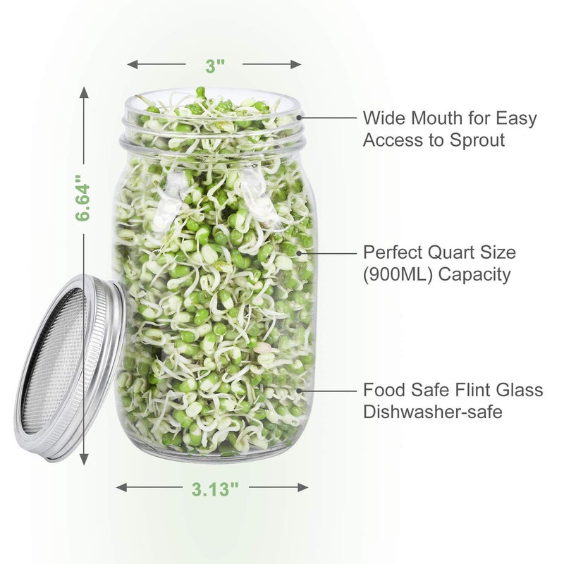 SOLIGT Complete Mason Jar Sprouting Kit - 2 Wide Mouth Quart Sprouting Jars with 316 Stainless Steel Sprouting Lids, Ceramic Drip Tray and Stand - Image 4