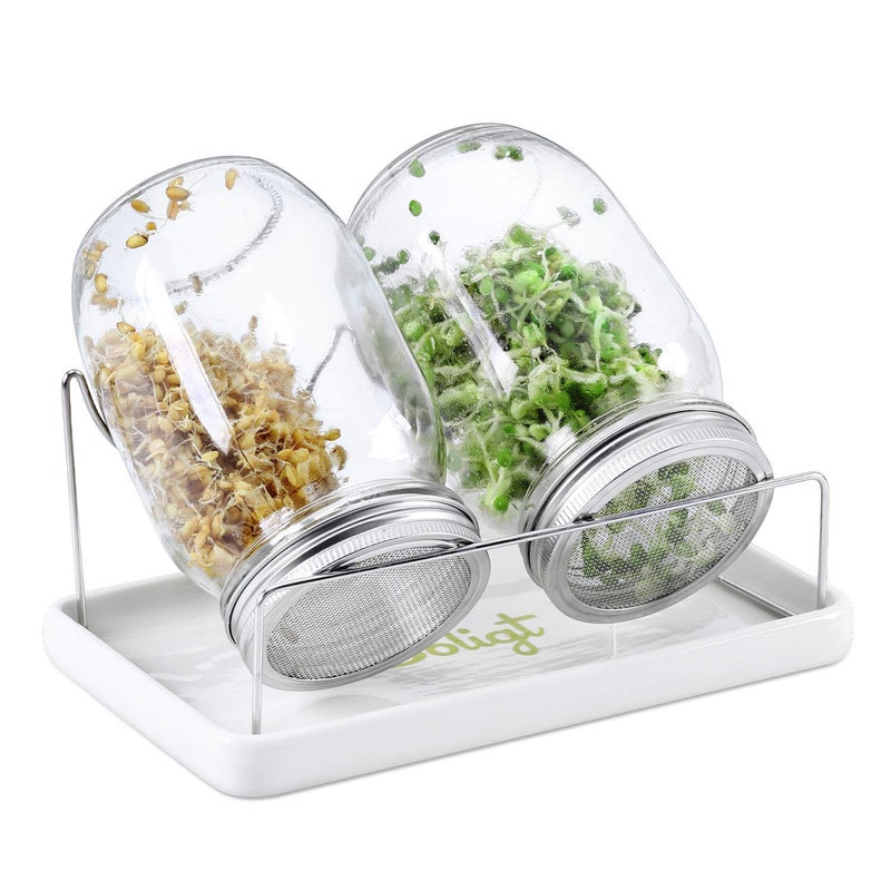 SOLIGT Complete Mason Jar Sprouting Kit - 2 Wide Mouth Quart Sprouting Jars with 316 Stainless Steel Sprouting Lids, Ceramic Drip Tray and Stand - Image 1