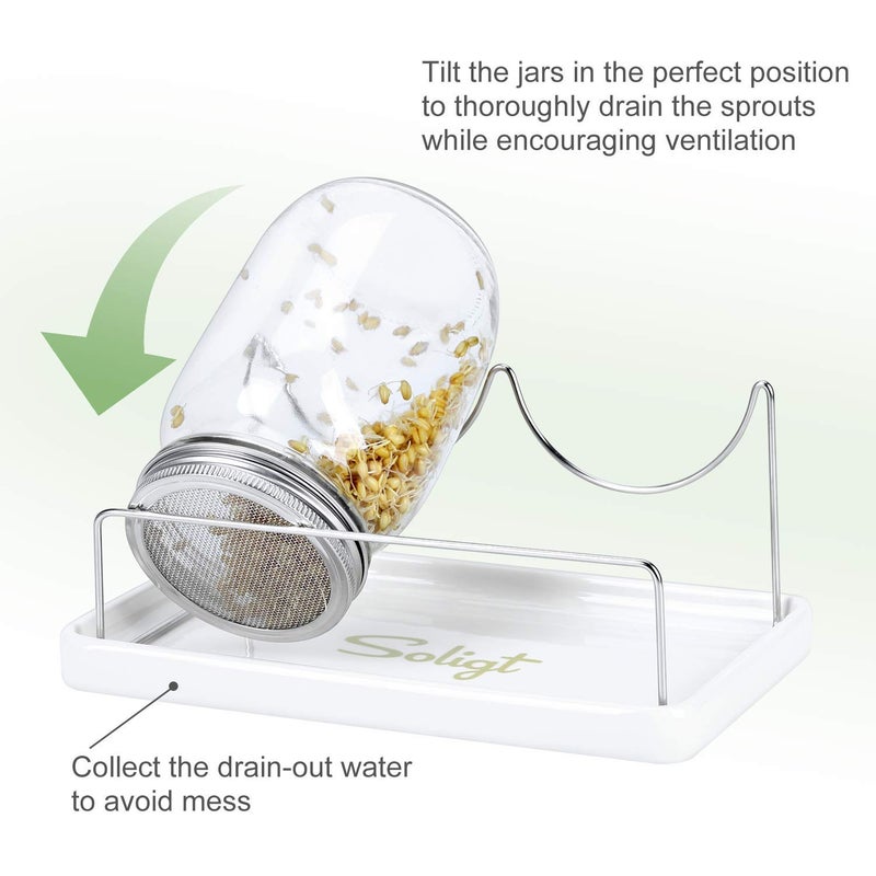 SOLIGT Complete Mason Jar Sprouting Kit - 2 Wide Mouth Quart Sprouting Jars with 316 Stainless Steel Sprouting Lids, Ceramic Drip Tray and Stand - Image 5