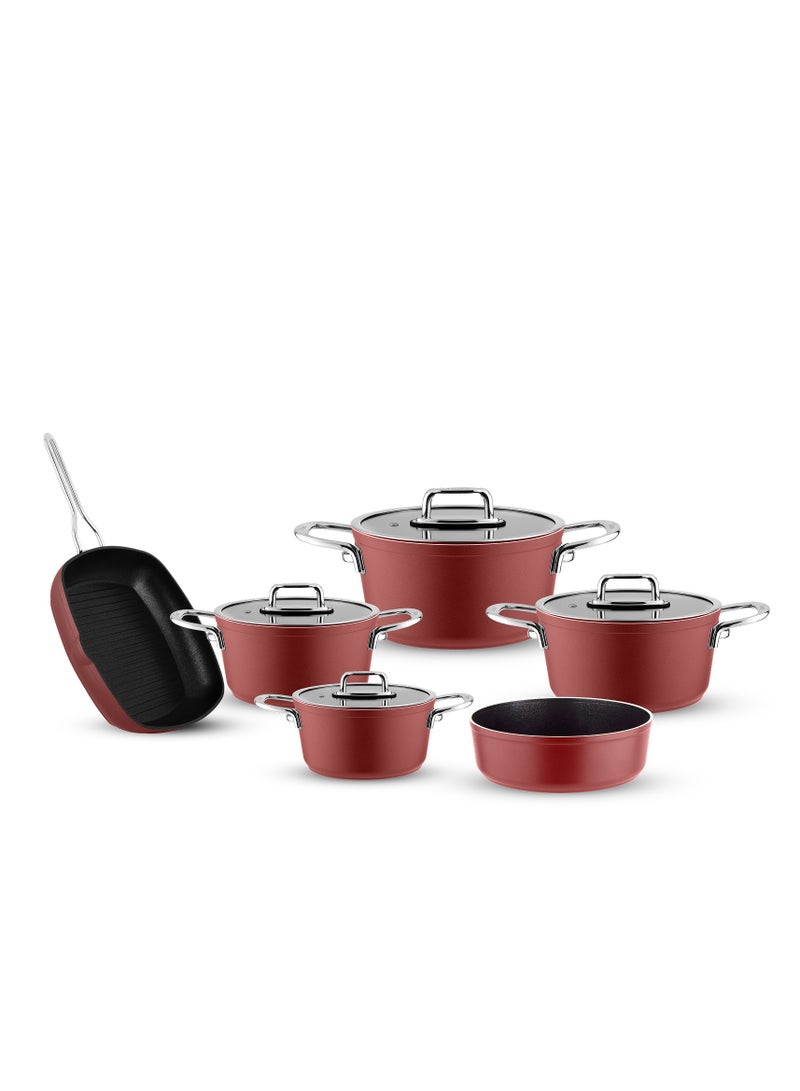 lines Turkish Tefal Granite Cookware Set by Lines – 10-Piece Set – glass Lid – Suitable for all stovetops – Made in Turkey. Turkish Granite Cookware Set by Lines – 10-Piece Set – Sizes 18/20/24/28 cm + 28 cm Grill Pan + 28 cm Oven Tray + Glass  Lid – 6 Colors (Red) - Image 1
