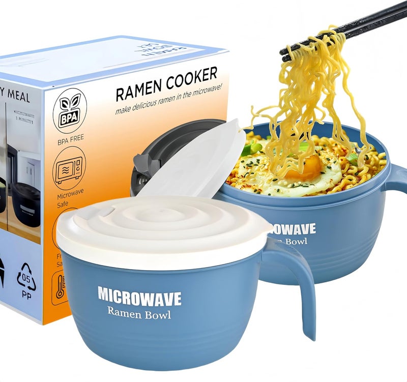 Layron Layron 2 Sets Microwave Ramen Cooker Bowl 45 oz Instant Noodle Bowl with Handles Ramen Noodle Cooker with Spoon Chopsticks Fork Knife College Dorm Room Essentials Gift for Boys GirlsBlueBlue - Image 1
