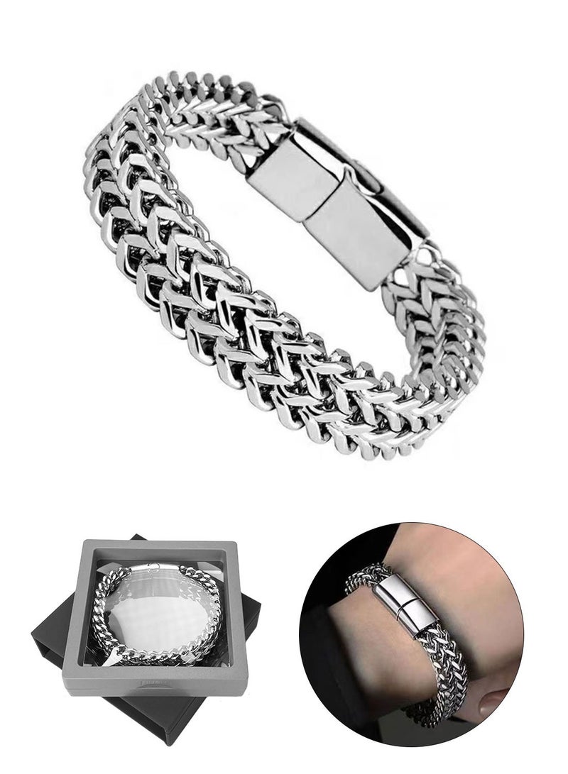 Syarme Mens Bracelets Titanium Steel Double Row Weaving Bangles, Stainless Steel Magnetic Buckle Inspirational Wristband, 20cm Boy Jewelry Men's Best Gift, with Gift Box - Image 1