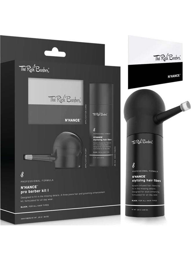 The Rich Barber N'Hance Pro Barber Kit I - Professional 3-in-1 Hair & Beard Styling Set - Keratin-Infused Hair Building Fibers, Applicator Pump, Application Card - Hairline Enhancer & Volumizing Spray  - Image 1