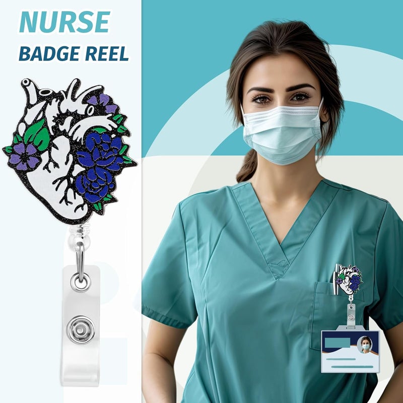 Dimeho Cardiac Badge Holder Heart Retractable Reel ID Card Clip Anatomy Funny Nurse Name Tag Holder Pediatrics Nursing Badge Alligator Clips for Doctor Student Teacher Medical Assistant (Blue-Black) - Image 4