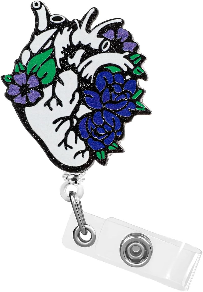 Dimeho Cardiac Badge Holder Heart Retractable Reel ID Card Clip Anatomy Funny Nurse Name Tag Holder Pediatrics Nursing Badge Alligator Clips for Doctor Student Teacher Medical Assistant (Blue-Black) - Image 1