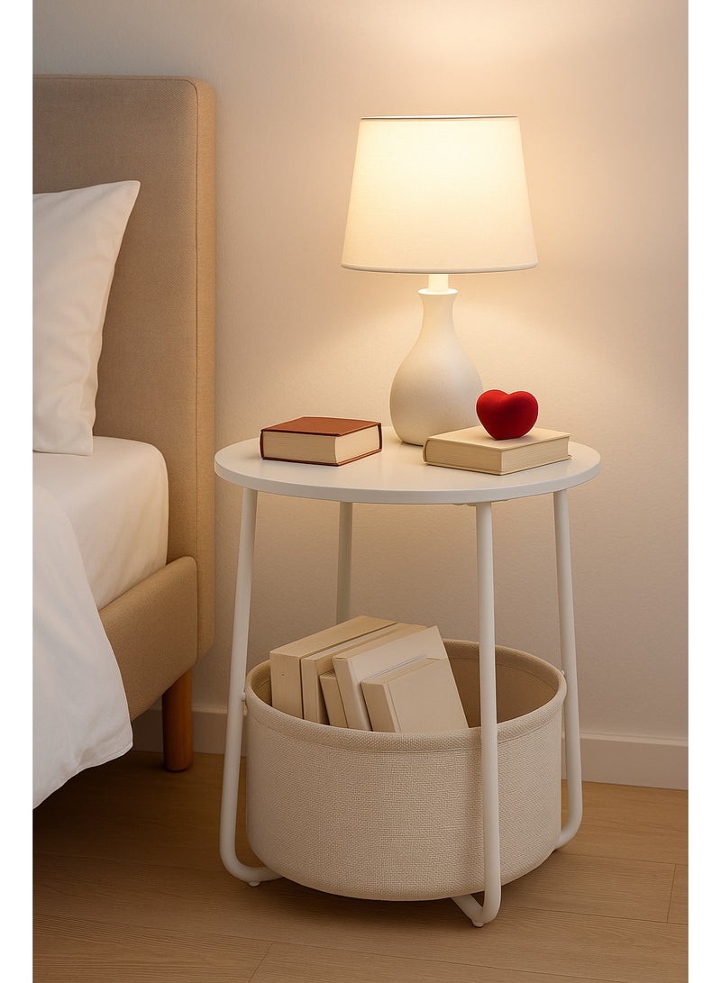 لوفسترو طاولة  قهوة مستديرة مع سلة تخزين، طاولة زاوية خشبية صغيرة  لغرفة المعيشة، طاولة جانبية، طاولة لغرفة النوم مقاس 44 × 44 × 49 سم (أبيض) - Image 3