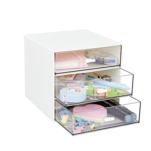 LETURE Desk Organizer with 3 Drawers, Clear Plastic Desk Storage Box, Desktop Organization for Office Supplies, Gel Pens, Pencils, Markers, Tape, Erasers, Paperclips, Chargers (White-3 Draws) - Image 2