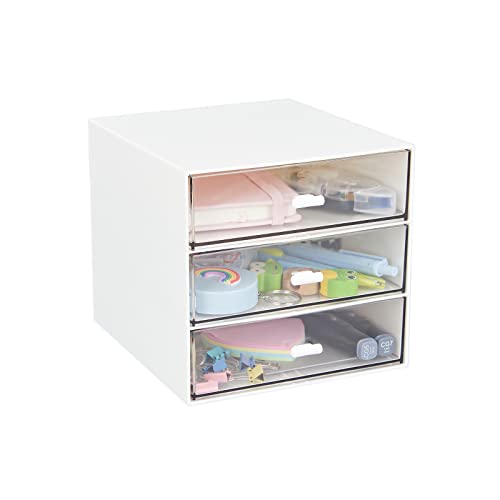 LETURE Desk Organizer with 3 Drawers, Clear Plastic Desk Storage Box, Desktop Organization for Office Supplies, Gel Pens, Pencils, Markers, Tape, Erasers, Paperclips, Chargers (White-3 Draws) - Image 1