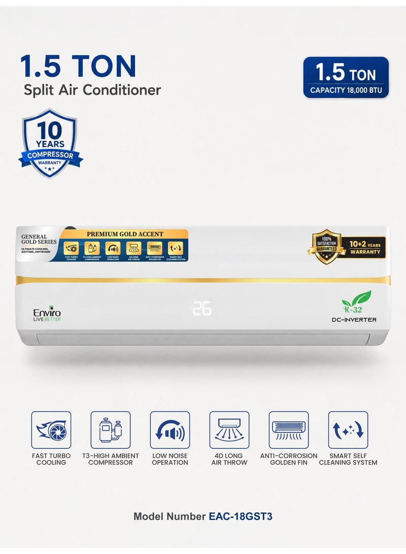 إنفيرو مكيف هواء سبليت عاكس تيار مستمر من إنفيرو، سعة 1.5 طن، طراز EAC-18GST3، ضاغط T3، غاز التبريد R32، سلسلة جنرال جولد، زعانف ذهبية مقاومة للتآكل، وضع التبريد التوربيني، تدفق هواء طويل المدى + تدفق هواء رباعي الأبعاد، وضع توفير الطاقة، وضع النوم، وقفل أمان للأطفال - Image 3