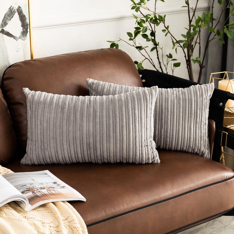 UGASA Pack of 2 Velvet Pillow Covers Striped Soft Textured Throw Cushion Case Set Accent Corduroy Lumbar Pillowcases with Hidden Zipper for Home Decor Indoor Outdoor 12x20 Light Grey