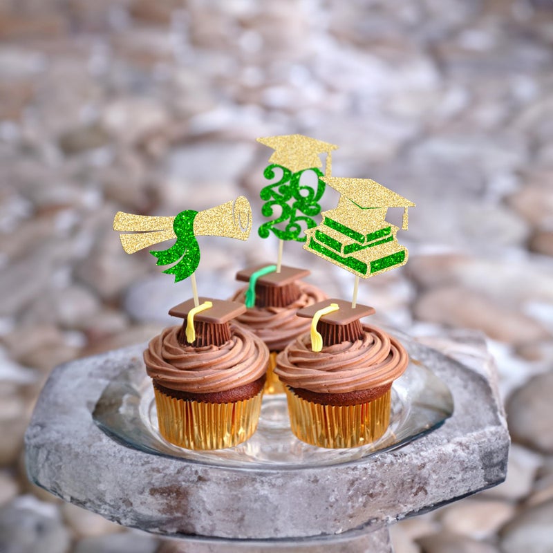 Ephlyn 24Pcs 2025 Graduation Theme Cupcake Toppers Glitter Class of 2025 Cupcake Picks Diploma Grad Cap Cupcake Decorations for 2025 Graduation Theme Party Cake Decorations Supplies Green Gold - Image 4