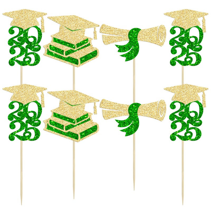 Ephlyn 24Pcs 2025 Graduation Theme Cupcake Toppers Glitter Class of 2025 Cupcake Picks Diploma Grad Cap Cupcake Decorations for 2025 Graduation Theme Party Cake Decorations Supplies Green Gold - Image 3