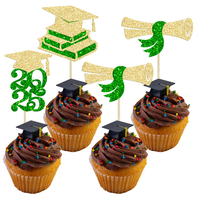 Ephlyn 24Pcs 2025 Graduation Theme Cupcake Toppers Glitter Class of 2025 Cupcake Picks Diploma Grad Cap Cupcake Decorations for 2025 Graduation Theme Party Cake Decorations Supplies Green Gold - Image 1