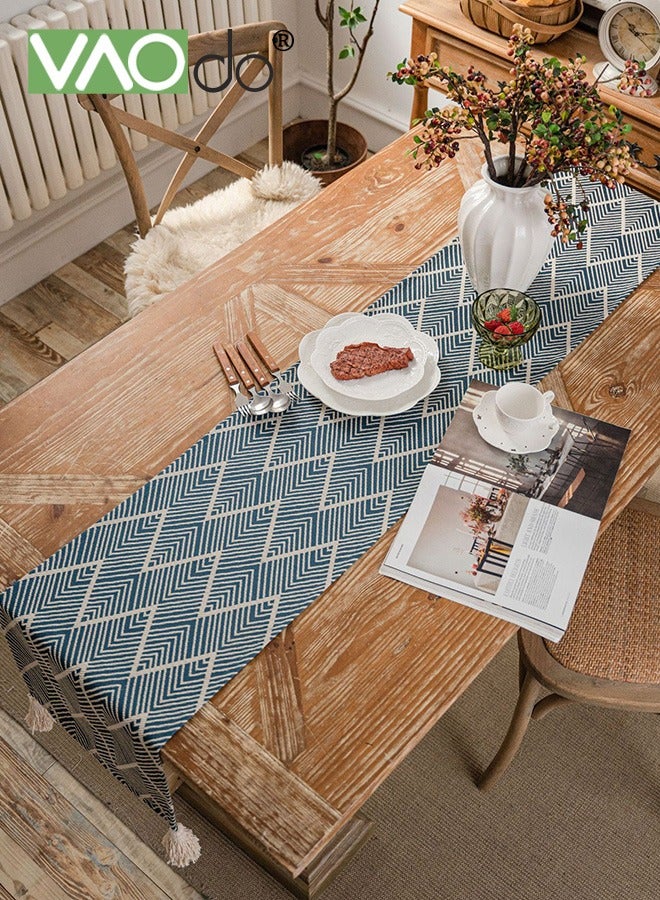 VAOdo Bohemian Table Runner with Tassels, Woven Rustic Elegant Washable Table Decoration Farm Style Geometric Print for Dining Room Wedding Holiday Party 30*220CM Blue  - Image 2