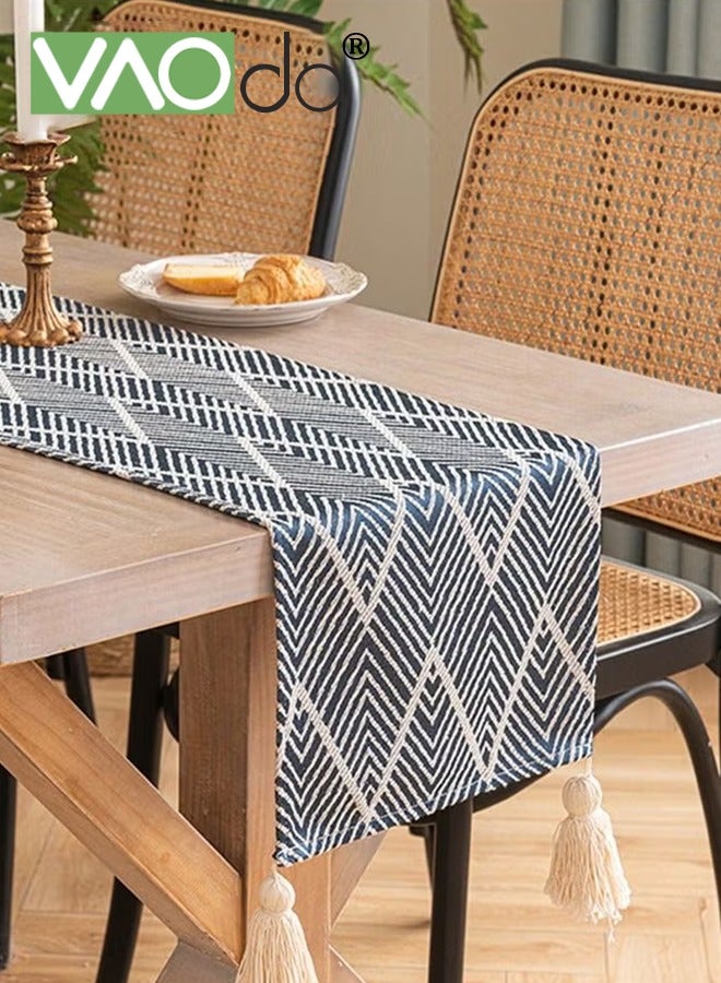 VAOdo Bohemian Table Runner with Tassels, Woven Rustic Elegant Washable Table Decoration Farm Style Geometric Print for Dining Room Wedding Holiday Party 30*220CM Blue  - Image 1