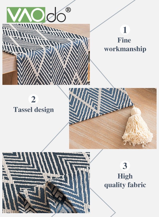 VAOdo Bohemian Table Runner with Tassels, Woven Rustic Elegant Washable Table Decoration Farm Style Geometric Print for Dining Room Wedding Holiday Party 30*220CM Blue  - Image 5