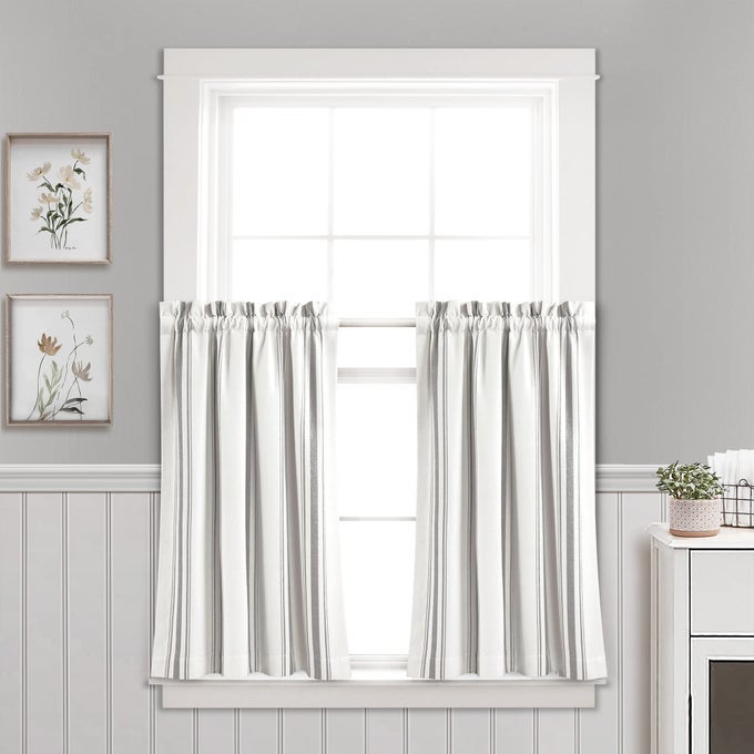 FARMHOUSE STRIPE YARN DYED RECYCLED COTTON WINDOW CURTAIN KITCHEN TIERS PAIR 36 W X 29 L GRAY CLASSIC MODERN RUSTIC CHARM ECO FRIENDLY COTTON FABRIC