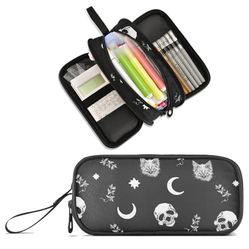 XUWU Skulls Cats Large Capacity Pencil Case 3 Compartment Pen box Makeup Pouch Holder Organizer Stationery Bag for School Teen Girl Boy Men Women - Image 1