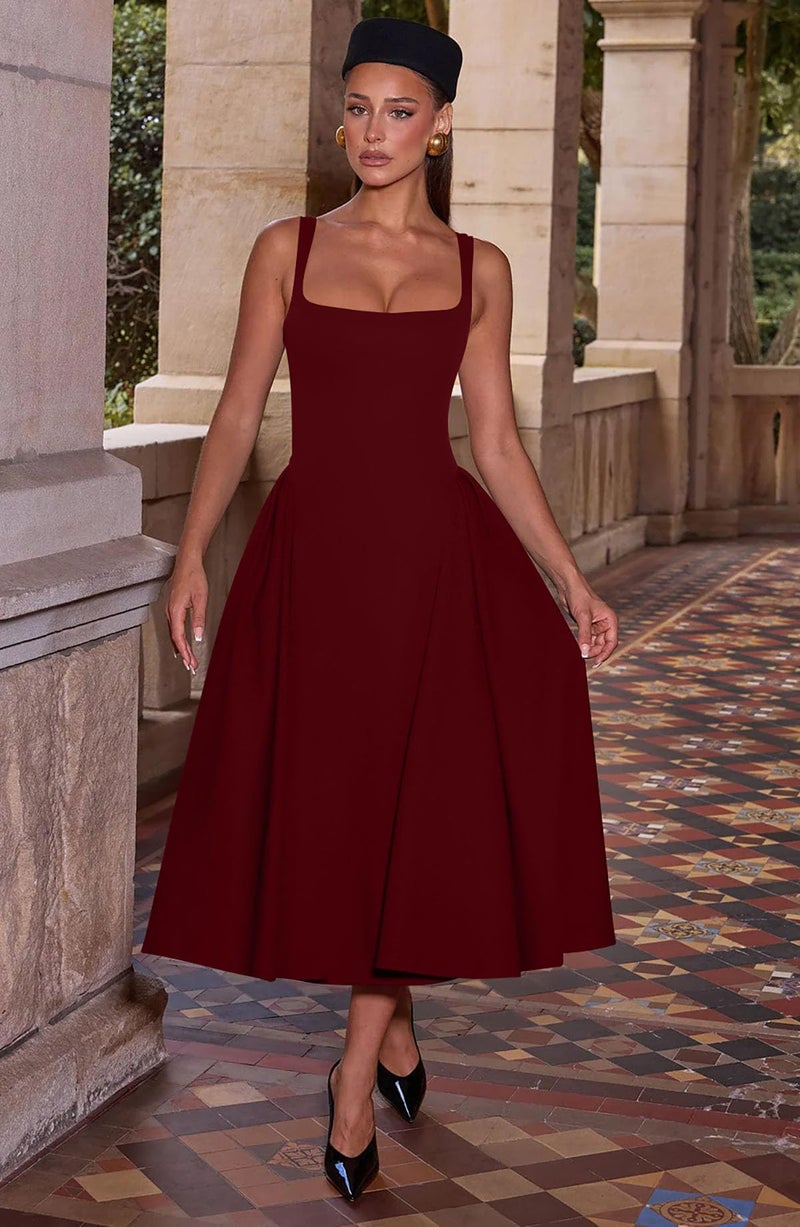 Memoriesea Women's Elegant Square Neck Swing A Line Wedding Evening Party Midi Dress Burgundy - Image 5
