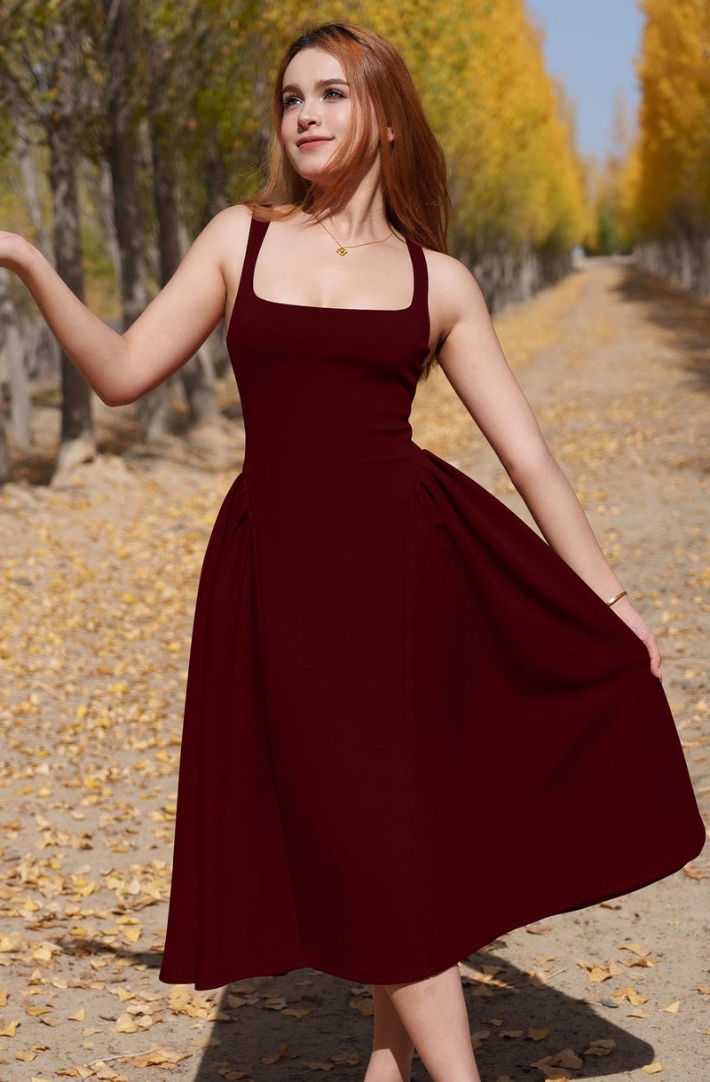 Memoriesea Women's Elegant Square Neck Swing A Line Wedding Evening Party Midi Dress Burgundy - Image 2