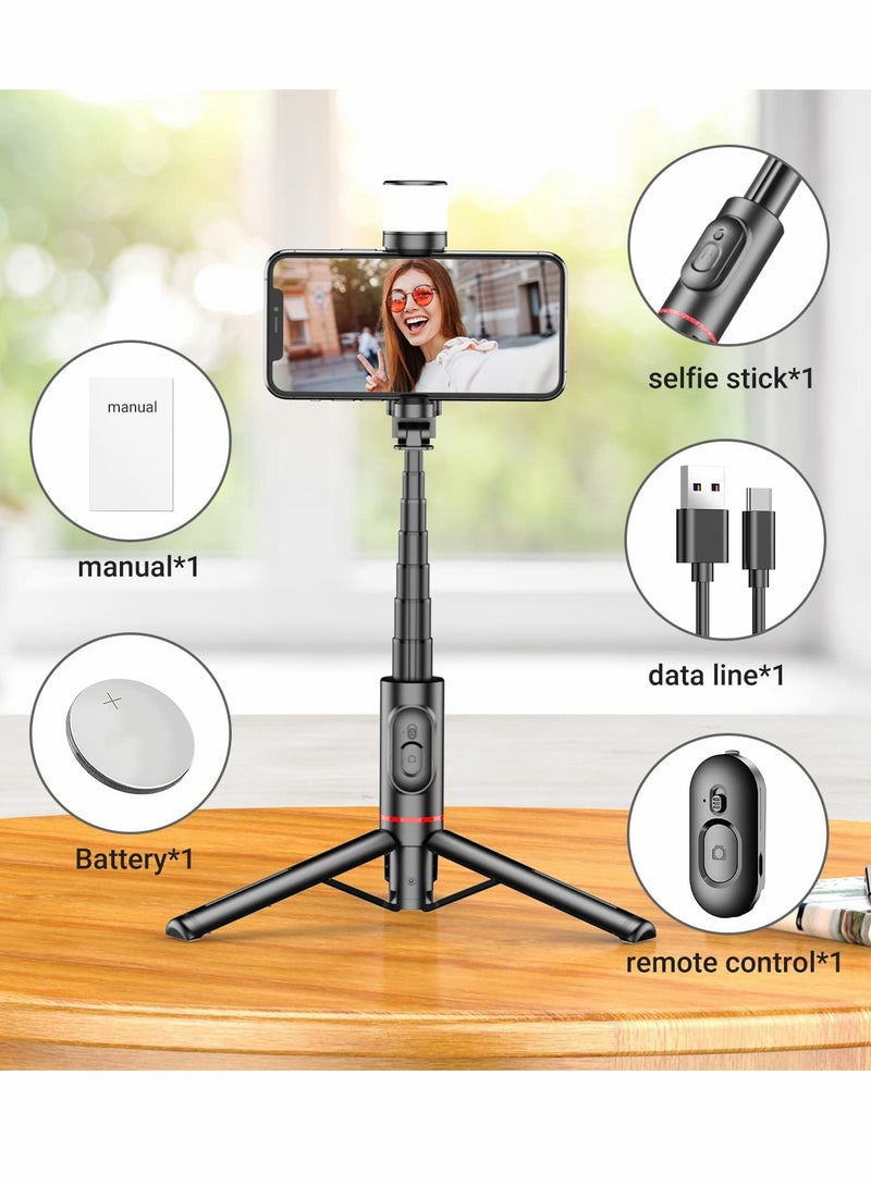 Bluetooth Selfie Stick Tripod 270 Rotation Extendable 3 in 1 Aluminum with Fill Light Mobile Phone Bluetooth Self Timer Rotating Fill Light Tripod Live Broadcast Support for iPhone Android (Pink)