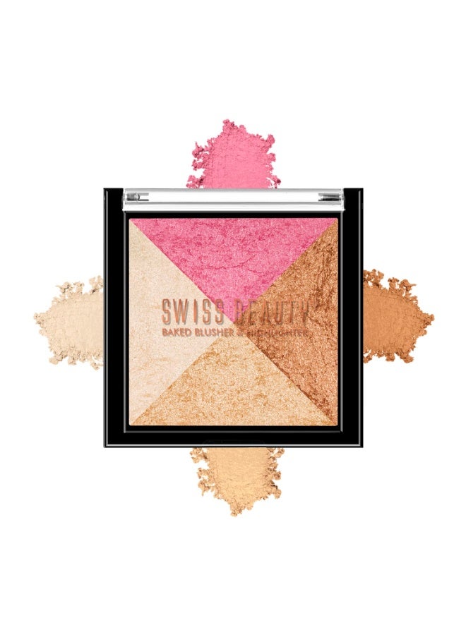 Swiss Beauty Baked Shimmer Blusher And Highlighter Palette For Face Makeup| Multicolor-5, 7 Gm | - Image 1