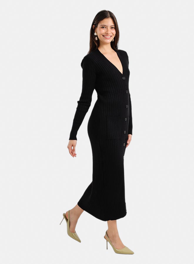 Carina Women's Ribbed V-Neck Button-Up Midi Dress with Front Pockets - Black - Image 2