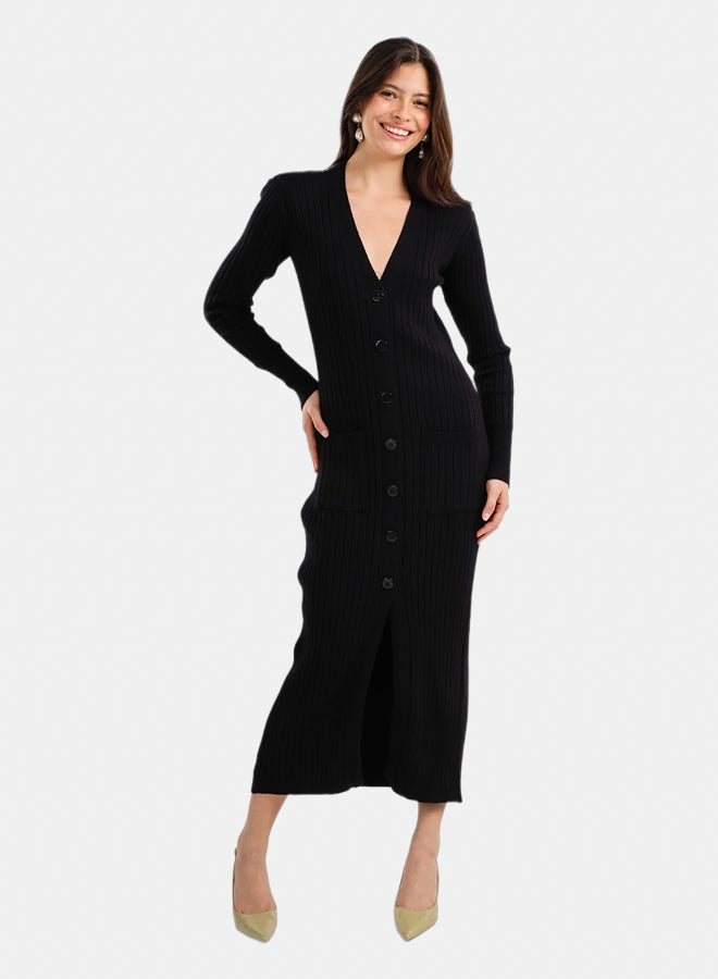 Carina Women's Ribbed V-Neck Button-Up Midi Dress with Front Pockets - Black - Image 1