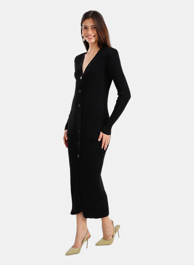 Carina Women's Ribbed V-Neck Button-Up Midi Dress with Front Pockets - Black - Image 3