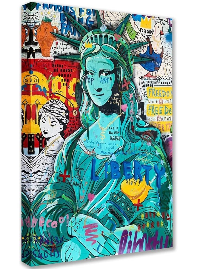 Tucocoo Paintings for Living Room Street Graffiti Pictures 1 Panel Canvas Teal Statue of Liberty Wall Art Contemporary Artwork Home Decor Wooden Framed Ready to Hang Posters and Prints 24x36inch - Image 1
