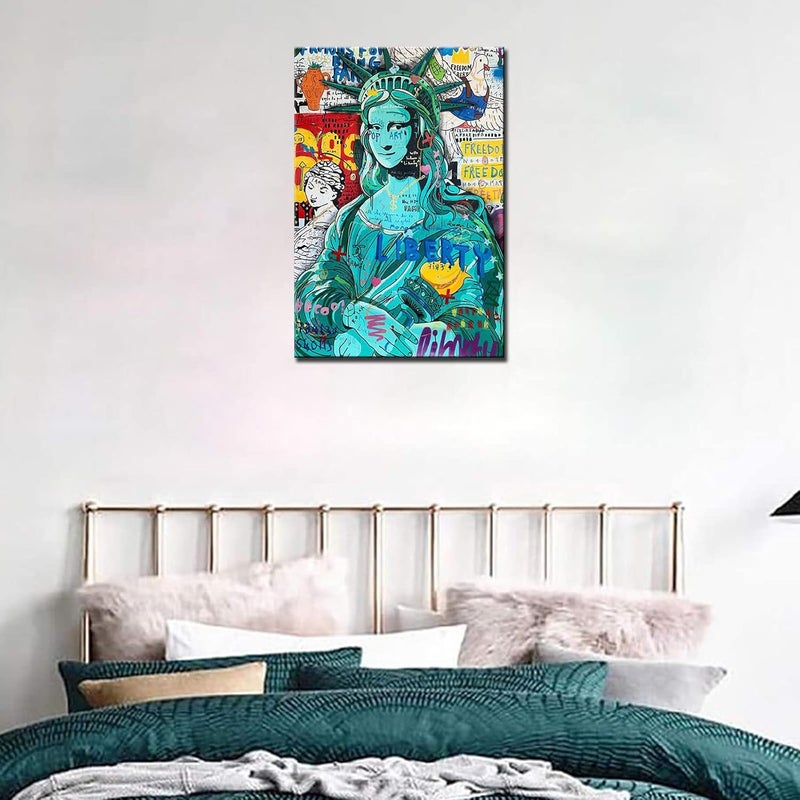Tucocoo Paintings for Living Room Street Graffiti Pictures 1 Panel Canvas Teal Statue of Liberty Wall Art Contemporary Artwork Home Decor Wooden Framed Ready to Hang Posters and Prints 24x36inch - Image 3