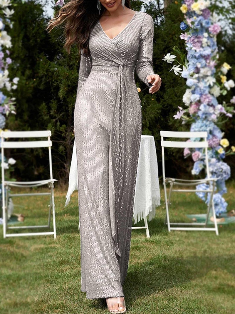 meilun Grey Long Sleeve Sequin Dress for Women Formal Evening Gowns Sparkly V Neck Maxi Dress for Wedding Guest,M - Image 4